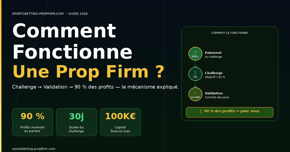 Comment fonctionne une prop firm de paris sportifs — cycle challenge validation profits We Bet 2026