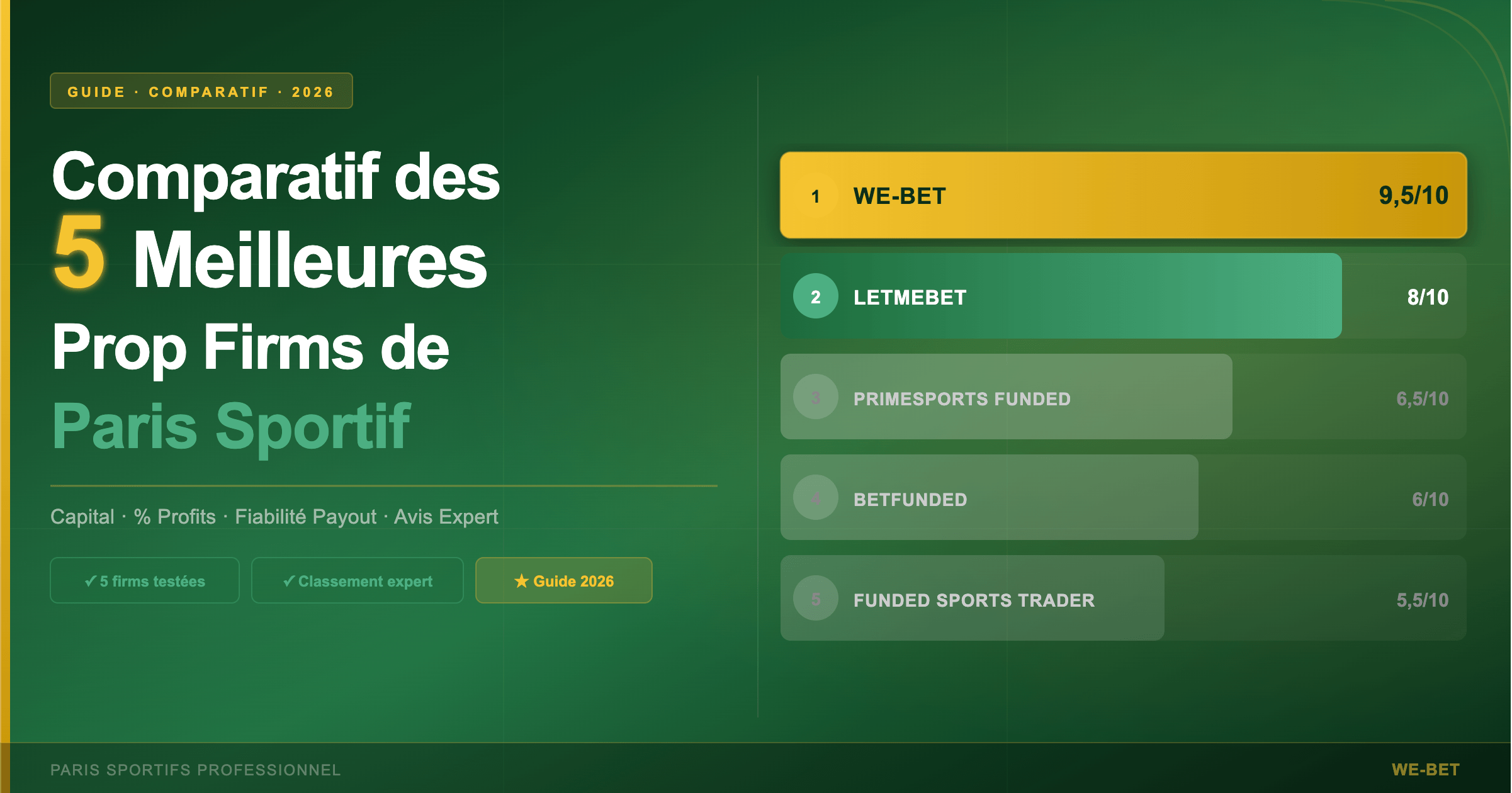 Comparatif des 5 meilleures prop firms de paris sportif 2026 – We-Bet, LetMeBet, PrimeSportsFunded, BetFunded, Funded Sports Trader